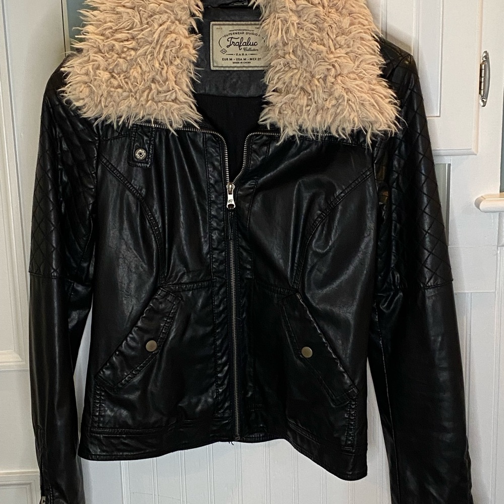 Zara Trafaluc Collection Faux leather jacket with removable fur collar